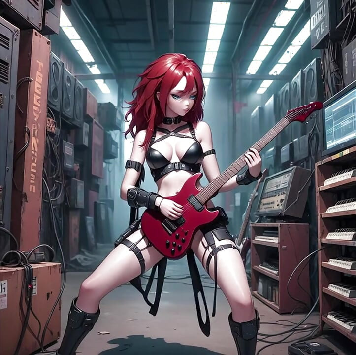 Seksi crvenokosa Anime igra muzički video sa metalnom gitarom AI