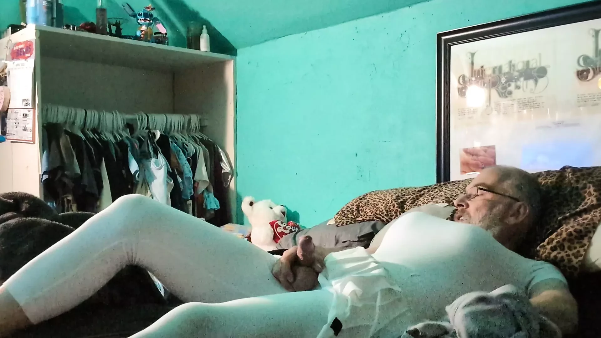 Masturbating in all white.
