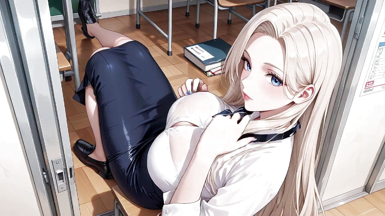 Blond nauczycielka! Fatalne uwodzenie Pod otwartą białą koszulą, leniwie opierając się na biurku w klasie.