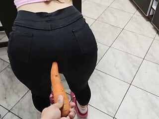 Young Unsatisfied Hot Wife Is Eager for a Big Cock and I told her to fuck her with the carrot in her ass