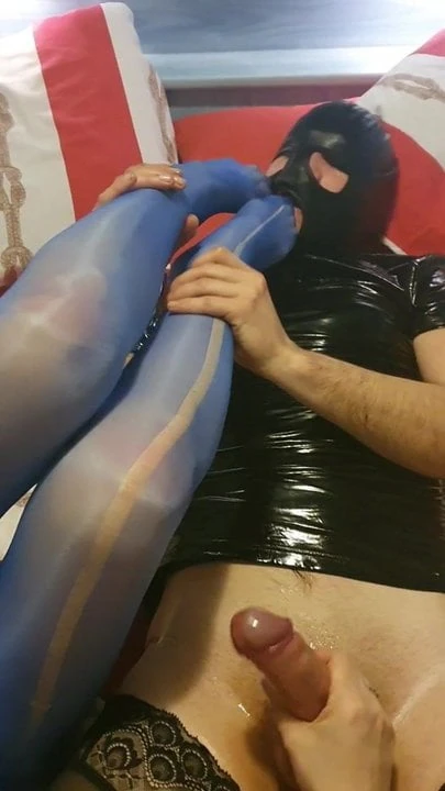 Nylon feet sniffing and licking