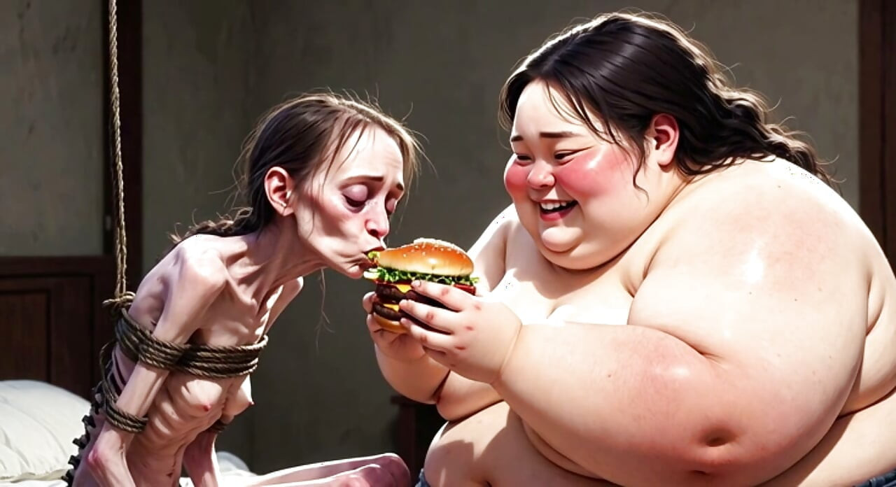 Skinny Girl Getting Fed by Huge Fat Woman - Contrast Feeding Fetish