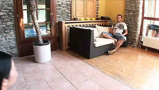 Stunning brunette with big tits tastes a big cock