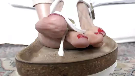White Toe Separator Slippers and Sexy Red Toenails, Foot Fetish Lady Victoria Valente
