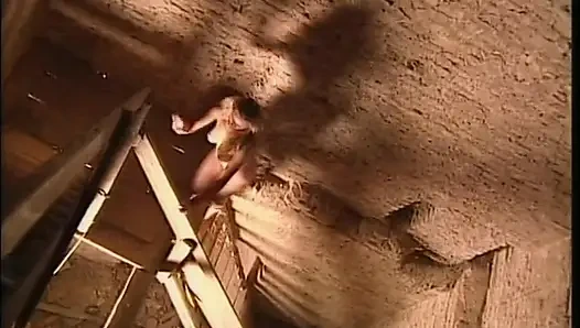 A blonde fingering her pussy in an ancient tower, finds a cock to fuck