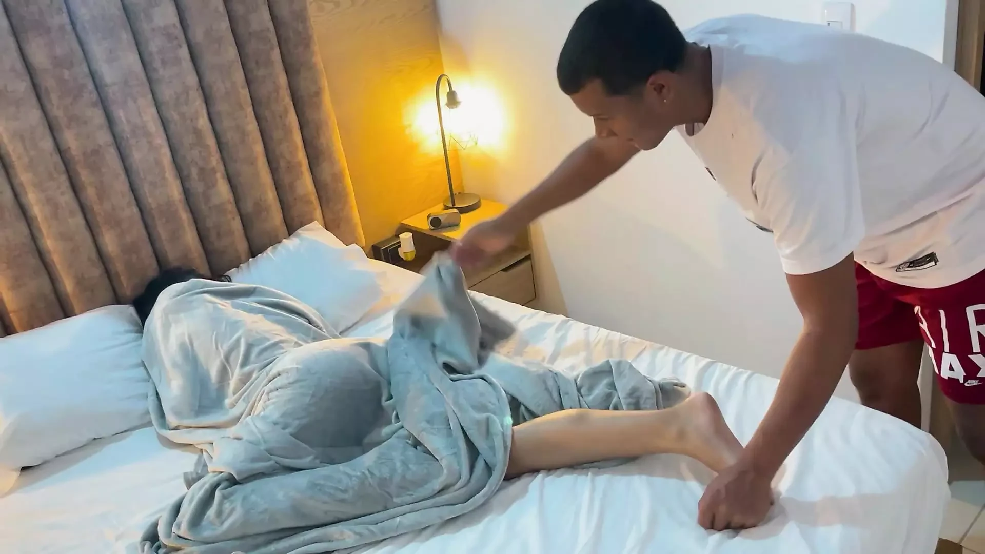 I masturbate watching hot videos while my big stepbrother watches me secretly and fucks me with his huge penis