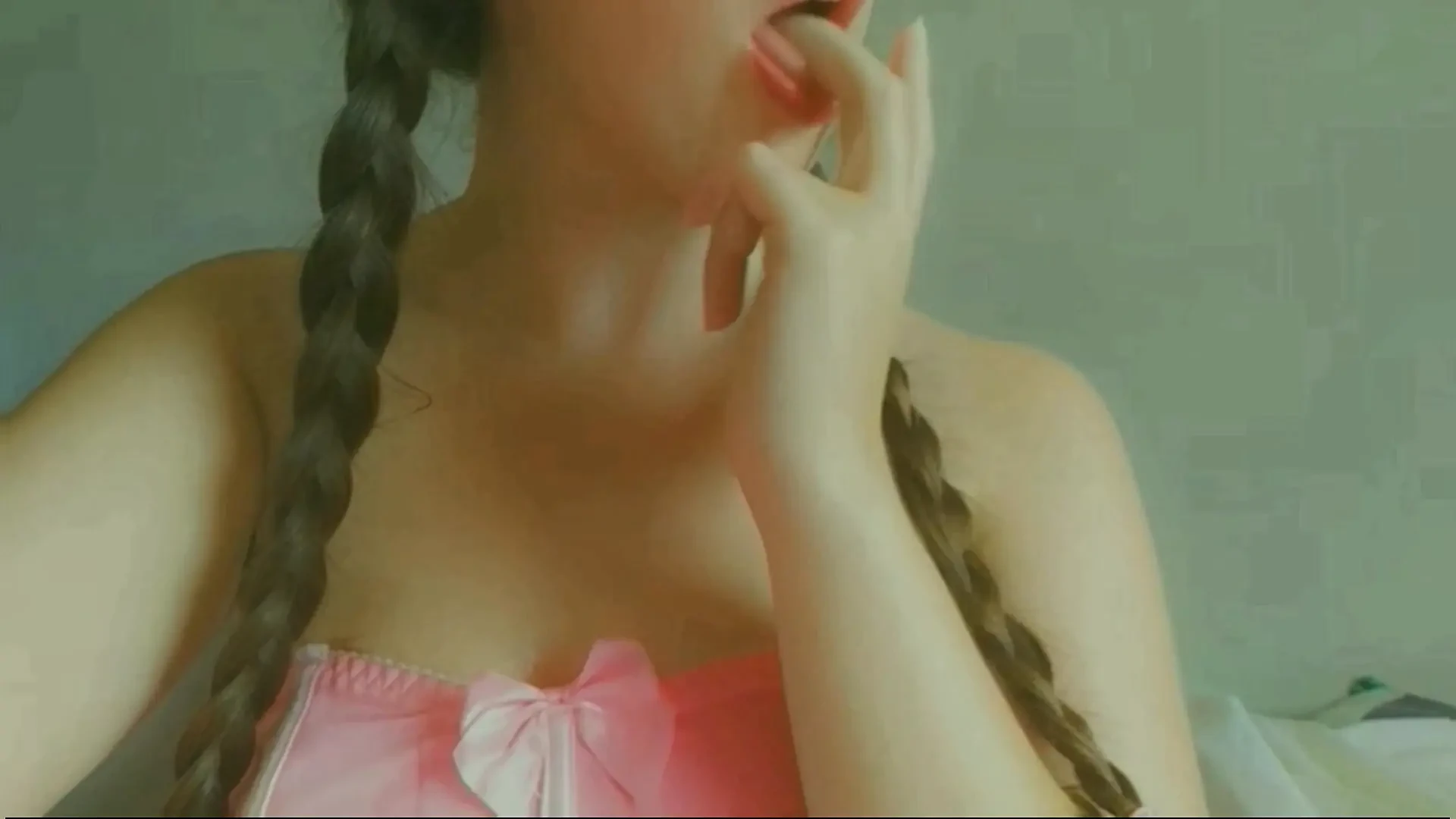 horny and naughty student showing her tongue , mouth watering and masturbation