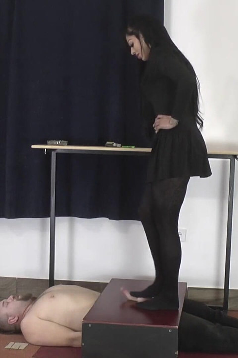 Mistress Cleo in Pantyhose Trample His Slave to Orgasm