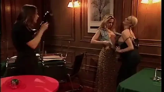 Camera guy gets his cock sucked by two slutty chicks in dining room