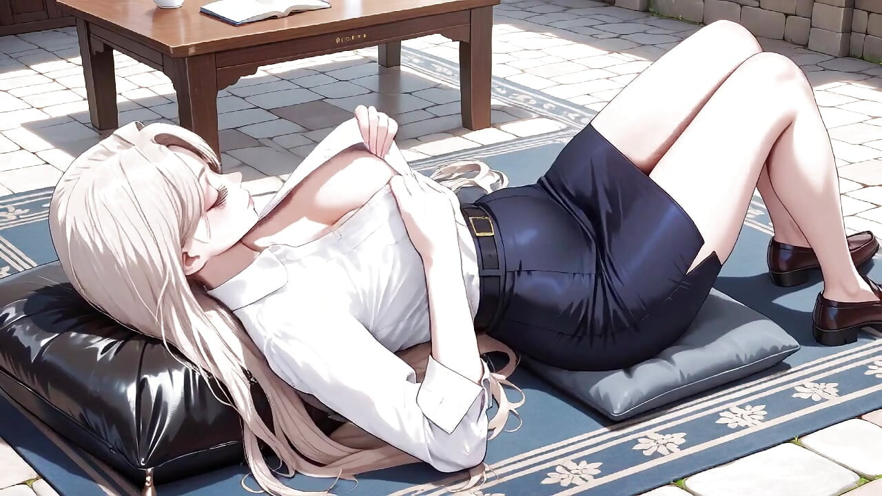 Blonde Teacher! The Fatal Seduction Under an Open White Shirt, lazily leaning on the classroom desk.