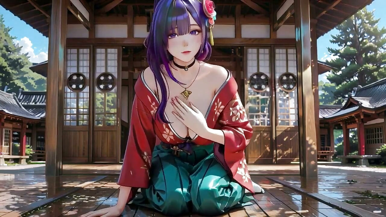 Cheveux violets et kimono ! Séduction, agenouillement dans un jardin japonais.