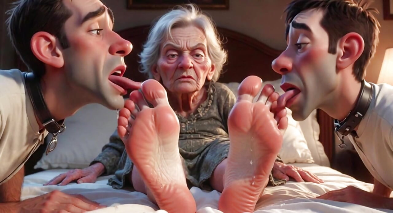Submissive Mans Serving Old Granny's Ugly Feet - Humiliation