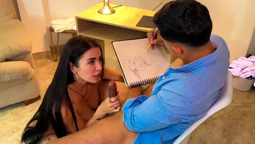 Artysta nie może się powstrzymać i masturbuje się podczas rysować duże cycki kolumbijki Silvany Lee nago - Angel Cruz
