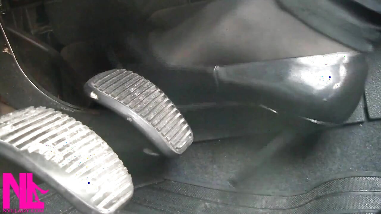 Pedal Pumping in Black Pantyhose and Grey Patent High Heels