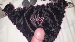 Unloading On The Wife's Black Satin 'SEXY' Panties