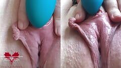 Apresentação de buceta e masturbação com o Satisfyer. Close-up de 2 perspectivas.