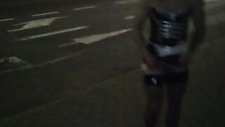 Teen sissy crossdresser night street walk flashing