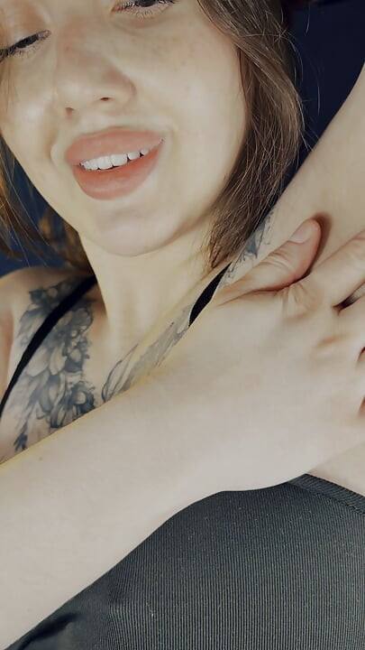Tattooed Brunette Tease Asian Beauty, Underarm & Cleavage Focus