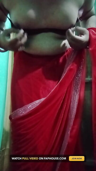 Indian Gay Crossdresser Bottom Gaurisissy Pressing Her Big Boobs and Feeling Horny in Red Saree with Heavy Jwellery