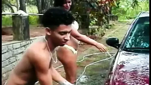 Hot Brazilian cutie Sandra proposed her friends to wash their car and to have some bisexual fun grass lawn