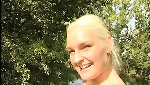 Blonde milf sucks a huge cock as the boy films her