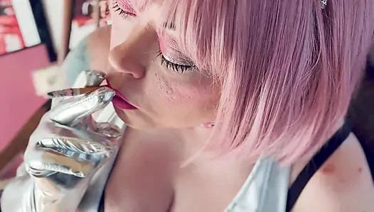 Barbarella Tribute! Tina Snua Dressed In Silver Including Knee High Boots & Gloves Smokes 2 Cigarettes Tip To Tail