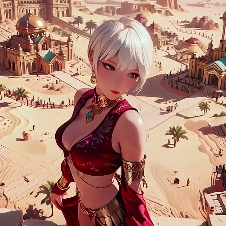 Desert Fantasy! Silver-haired Saintess's Private Dance in the Red-gold Palace, Light Ribbons Wrapping Around Her.