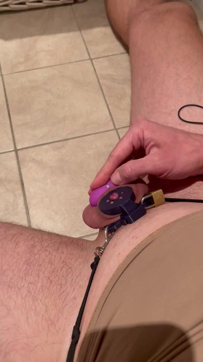 Quick orgasm in flat chastity cage