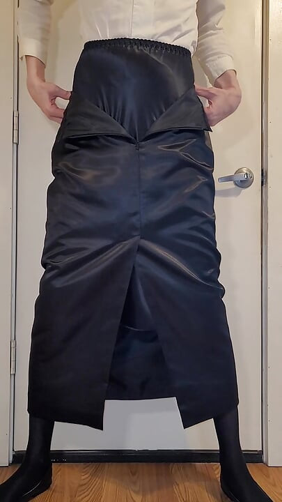 Long black satin skirt with a black satin half slip.