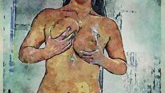 Angela White Erotic nude playing with boobs watercolor effec
