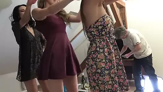 Summer Dress Strip and Dance Party with Three Amateur College Girls Invited for a Naked Try on Haul for a Fake Shooting