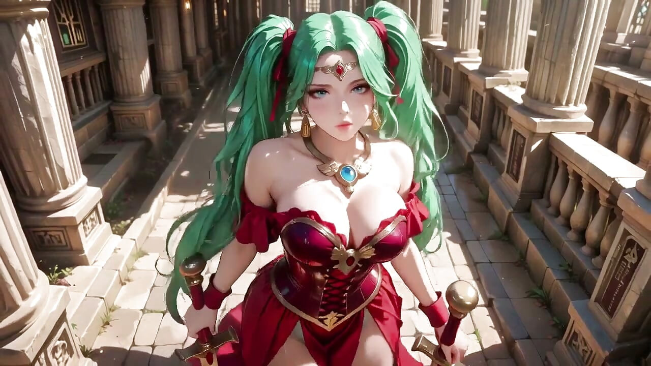 Warlock de cabelos verdes! Armadura de batalha vermelha no arcade clássico, saia fenda provocando cada movimento