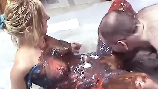 Sexy blond gets fucked and smeared with edible paint by neighbor