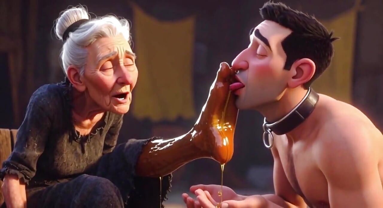 Submissive Slave Licking Wrinkled Feet of Old Ladies