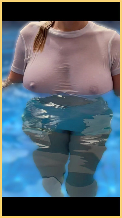 Wifey wet shirt in the pool with perfect braless tits