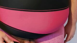 -Viewer request- Fat guy lets his little cock cum on me in my swimsuit and leggings.