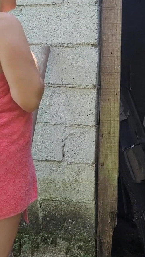 Shower doesn't work, married woman asks the farm's caretaker for help using just a towel and pays with sex | Clip 1
