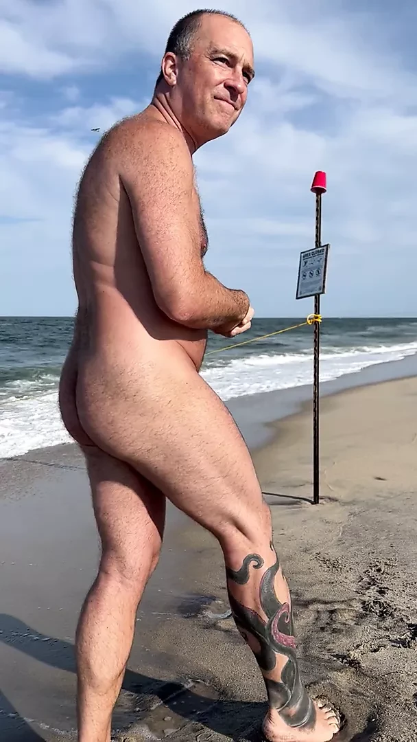 Public Nude Beach examination with erection and hole exposure