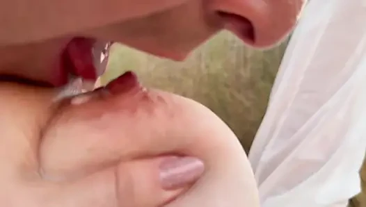 The perverted old farmer fucks me so hard that my milk tits cum