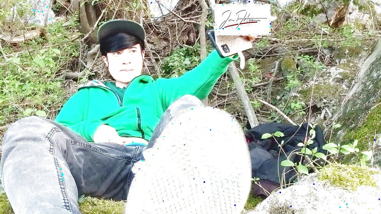 Risky masturbation outdoors a man's voice caught this cute gay twink with his balls hanging out, jerking off his uncut foreskin