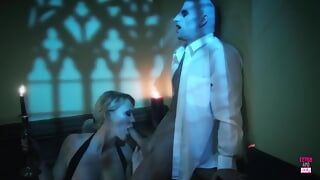 Uncle Fester Like Dude Got Lucky Banging This Blonde with Fake Tits on the Stairs