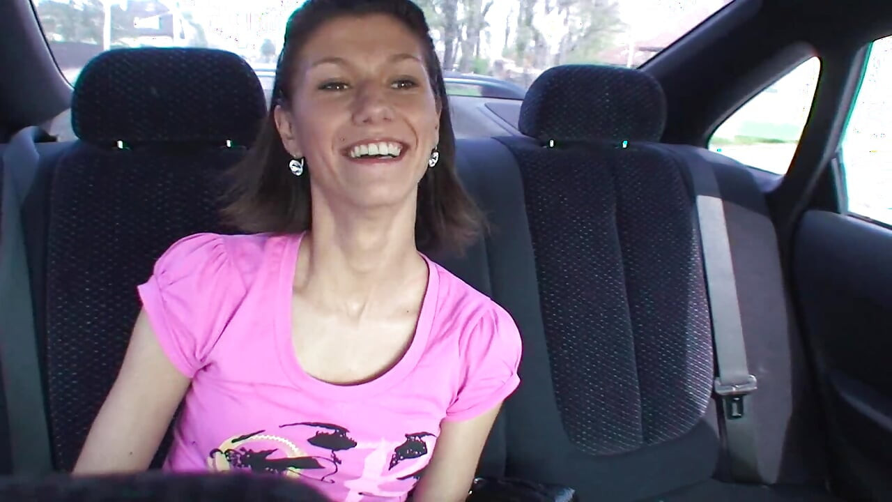 Picked up brunette teen blowing and riding two dicks