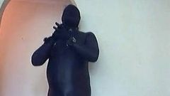 Catsuit, gloves, boots, spandex hood, padlocked cuffs collar