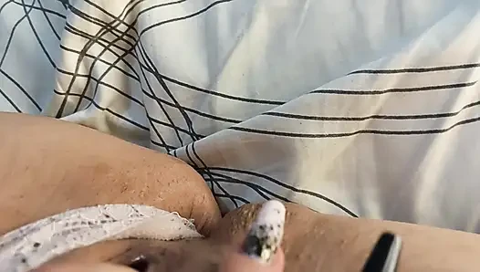 hairy and wet vagina, big tits exposed while masturbating hard