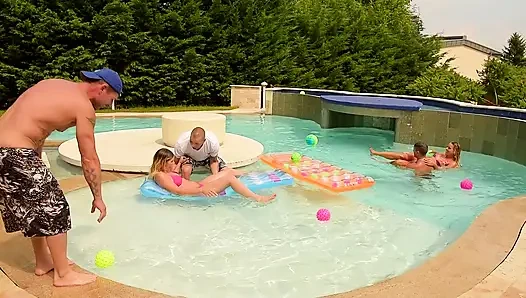 Blonde Poolside Gangbang with Multiple Cocks