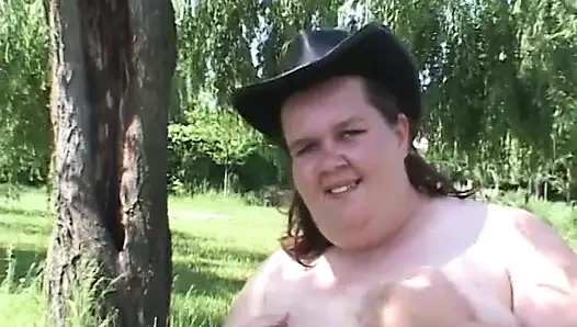 Watch this fatty slut rides her toy and then gets banged outdoors