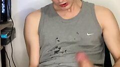 Boy jerk his Thick dick and cum on t-shirt