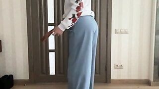 Palazzo wide leg flared blue jeans and white hoodie with roses print on tranny crossdresser femboy