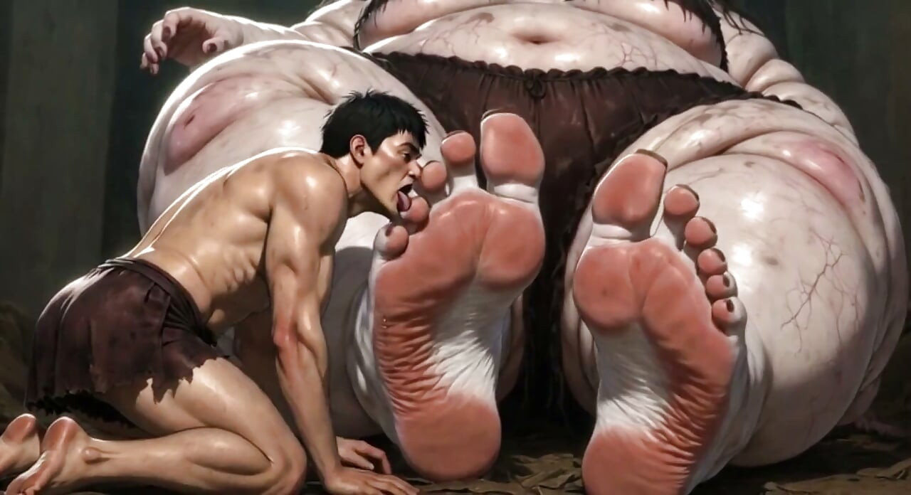 Énorme géante BBW obèse - une esclave lèche ses pieds géants en adoration
