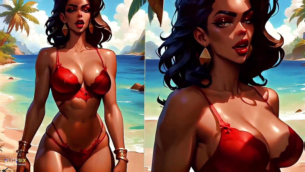 4K 100% Ai Generate 3D soft looping pmv: Twerk cu piele groasă de culoare pe plaja tropicală în bikini sexy